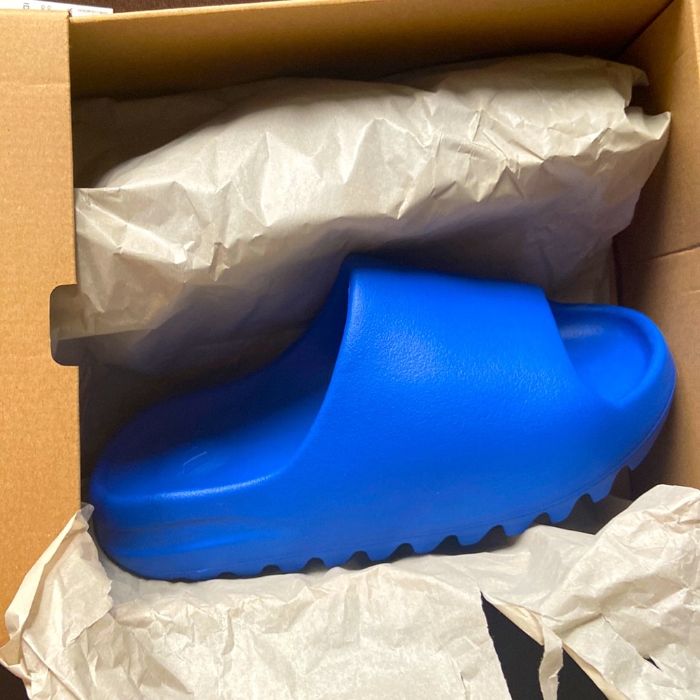 Blue Yeezy slides